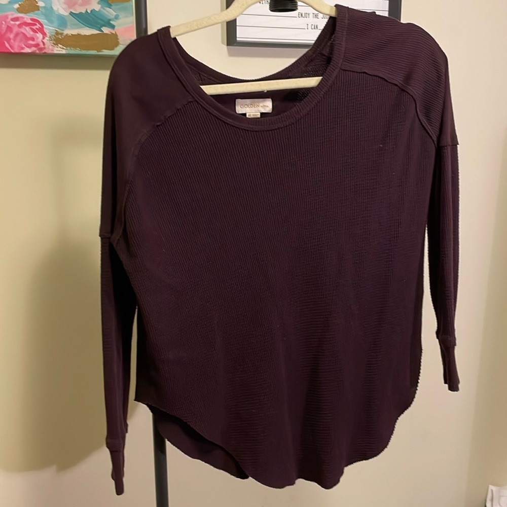 TWO tops. TNA xs burgundy waffle long sleeve and tan black waffle shirt size s